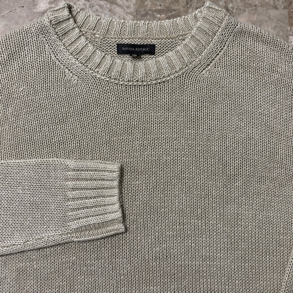 Banana Republic Linen Sweater Mens Medium Beige Tan Intarsia Knit 100% Linen